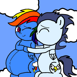 Size: 600x600 | Tagged: safe, artist:sebtheartist, deleted from derpibooru, imported from derpibooru, rainbow dash, soarin', pony, belly, big belly, cloud, female, hug, male, preggo dash, pregnant, shipping, snuggling, soarindash, straight