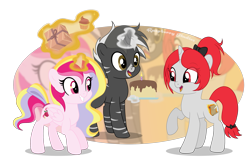 Size: 2719x1772 | Tagged: safe, artist:raspberrystudios, imported from derpibooru, oc, oc only, oc:aurelia charm, oc:final verse, oc:miss final verse, oc:shadow strike, alicorn, hybrid, pony, zony, alicorn oc, birthday, birthday cake, bow, cake, commission, cupcake, food, present