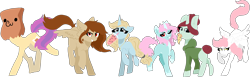 Size: 2593x800 | Tagged: safe, artist:nootaz, imported from derpibooru, oc, oc only, oc:kelly, oc:paper bag, oc:red, oc:red stroke, oc:scoops, oc:sugar morning, oc:taffeta, pegasus, pony, unicorn, bubble tea, female, food, jewelry, mare, necklace, paper bag, pizza, simple background, tail bun, transparent background