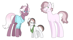 Size: 7696x4240 | Tagged: safe, artist:musicbetmlp, imported from derpibooru, oc, oc only, oc:love letter, oc:melody joy, oc:pearl, earth pony, pony, unicorn, absurd resolution, clothes, colt, curved horn, horn, magical lesbian spawn, male, offspring, parent:cheerilee, parent:rarity, parents:rarilee, simple background, stallion, sweater, white background