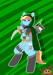 Size: 2893x4092 | Tagged: safe, artist:sharpiesketches, imported from derpibooru, rainbow dash, anthro, abstract background, archer dash, arrow, bipedal, bow (weapon), bow and arrow, dagger, dual wield, dungeons and dragons, fantasy, fantasy class, female, looking at you, pen and paper rpg, rainbow rogue, rogue, rpg, solo, throwing knife, unmasked, weapon