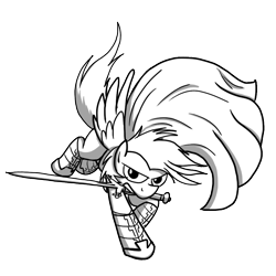 Size: 1024x1024 | Tagged: safe, artist:petirep, imported from derpibooru, oc, oc only, pegasus, pony, buck legacy, armor, black and white, bracer, card art, cloak, clothes, determined, grayscale, looking at you, male, monochrome, simple background, solo, sword, transparent background, weapon