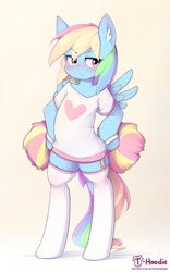 Size: 1693x2713 | Tagged: safe, artist:hoodie, imported from derpibooru, rainbow dash, pegasus, semi-anthro, blushing, cheerleader, clothes, cute, dashabetes, ear fluff, female, heart, mare, pom pom, shirt, socks, solo, spread wings, t-shirt, thigh highs, wings