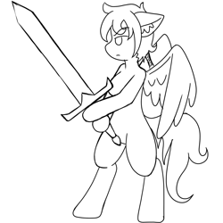 Size: 1000x1000 | Tagged: safe, artist:taletrotter, imported from derpibooru, oc, oc:dawn stormrider, pegasus, pony, semi-anthro, barbarian, bipedal, black and white, braid, concept art, concept design, fighting stance, grayscale, greatsword, lineart, monochrome, solo, standing pony, sword, tribal, two-handed sword, weapon, wings