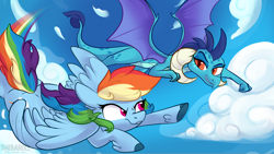 Size: 3840x2160 | Tagged: safe, artist:shibaroll, imported from derpibooru, princess ember, rainbow dash, dragon, pegasus, pony, cloud, colored hooves, duo, female, flying, leg fluff, racing, sky, spread wings, wings