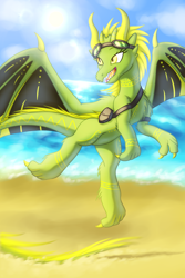 Size: 1500x2250 | Tagged: safe, alternate version, artist:shad0w-galaxy, imported from derpibooru, oc, oc only, oc:daravalia, dragon, beach, body markings, cute, dragon oc, female, flying, furry dragon, goggles, happy, ocean, sand, shoulder bag, solo, summer, water