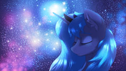 Size: 3556x2000 | Tagged: safe, artist:chebypattern, imported from derpibooru, princess luna, alicorn, pony, blue, eyes closed, female, night, night sky, princess, sky, smiling, solo, space, stars, the cosmos