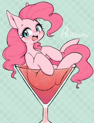 Size: 1582x2048 | Tagged: safe, artist:91o42, imported from derpibooru, pinkie pie, earth pony, pony, abstract background, blushing, cup, cup of pony, cute, diapinkes, drink, female, mare, micro, open mouth, smiling, solo