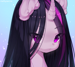 Size: 539x483 | Tagged: safe, artist:methynecros, imported from derpibooru, twilight sparkle, pony, unicorn, anime, bust, cute, ear fluff, eye clipping through hair, eyebrows, eyebrows visible through hair, female, gradient background, looking at you, mare, portrait, solo, twiabetes, unicorn twilight