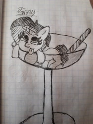 Size: 4128x3096 | Tagged: safe, artist:twilight_light, imported from derpibooru, oc, oc only, oc:twilight light, pony, unicorn, :p, black and white, cup, cup of pony, female, glass, graph paper, grayscale, mare, micro, monochrome, notebook, photo, sketch, solo, tongue out, traditional art