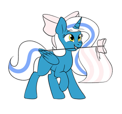 Size: 921x867 | Tagged: safe, artist:icy-owls, imported from derpibooru, oc, oc:fleurbelle, alicorn, pony, adorabelle, alicorn oc, bow, cute, flag, hair bow, holding, mouth hold, ocbetes, ribbon, simple background, smiling, transparent background, yellow eyes