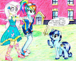 Size: 1000x799 | Tagged: safe, artist:liaaqila, imported from derpibooru, fluttershy, rainbow dash, oc, oc:spiral swirl, pony, equestria girls, equestria girls series, canterlot high, converse, female, flutterdash, hypnoshy, hypnosis, hypnotized, lesbian, pendulum swing, pocket watch, rainbow dash is not amused, raised arms, shipping, shoes, sleepwalking, sleepy, sneakers, solo, square crossover, swirly eyes, traditional art, unamused