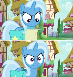 Size: 402x427 | Tagged: safe, imported from derpibooru, screencap, trixie, pony, unicorn, student counsel, angry, angry eyes, glare, reaction image, trixie is not amused, unamused, what the fuck am i reading