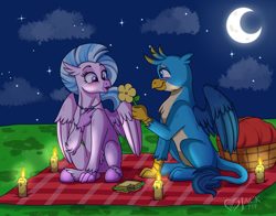 Size: 3700x2900 | Tagged: safe, artist:jack-pie, imported from derpibooru, gallus, silverstream, classical hippogriff, griffon, hippogriff, blushing, candle, crescent moon, cute, date, diastreamies, female, fire, flower, food, gallabetes, gallstream, male, moon, night, open mouth, picnic blanket, sandwich, shipping, sitting, stars, straight