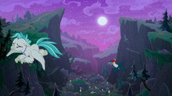 Size: 2100x1180 | Tagged: safe, imported from derpibooru, screencap, terramar, classical hippogriff, cockatrice, hippogriff, student counsel, everfree forest, eyes closed, flying, full moon, male, moon, night, pine tree, stars, tree, valley