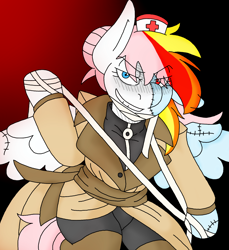 Size: 1432x1564 | Tagged: safe, artist:blackbewhite2k7, imported from derpibooru, nurse redheart, rainbow dash, semi-anthro, bandage, batman, bipedal, clothes, costume, crossover, fusion, hush, parody, stitches, surgery