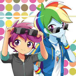 Size: 1900x1900 | Tagged: safe, artist:ryuu, edit, imported from derpibooru, rainbow dash, scootaloo, equestria girls, equestria girls series, abstract background, anime, clothes, cute, cutealoo, dashabetes, duo, female, geode of super speed, hoodie, looking at you, magical geodes, scootalove, shirt, smiling, smirk, sunglasses, wristband