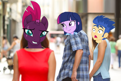 Size: 749x500 | Tagged: safe, edit, imported from derpibooru, flash sentry, tempest shadow, twilight sparkle, equestria girls, distracted boyfriend meme, female, lesbian, meme, shipping, tempestlight