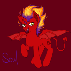 Size: 1000x1000 | Tagged: artist needed, safe, imported from derpibooru, oc, oc only, oc:soul stealer, pony, succubus, bat wings, female, horn, mane of fire, raised hoof, simple background, solo, tongue out, wings