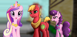 Size: 2000x976 | Tagged: safe, artist:10art1, artist:parclytaxel, edit, imported from derpibooru, big macintosh, princess cadance, sugar belle, alicorn, earth pony, pony, unicorn, cadmac, distracted boyfriend meme, female, implied sugarmac, infidelity, male, shipping, straight