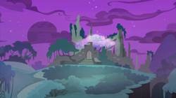 Size: 2100x1180 | Tagged: safe, imported from derpibooru, screencap, season 9, student counsel, spoiler:s09, background, castle of the royal pony sisters, cloud, everfree forest, night, no pony, ravine, ruins, scenic ponyville, tree, treehouse of harmony