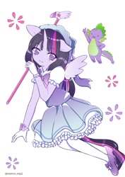 Size: 848x1200 | Tagged: safe, artist:mohrm_mlp2, imported from derpibooru, spike, twilight sparkle, alicorn, anthro, dragon, bowtie, cardcaptor sakura, clothes, cosplay, costume, crossover, dress, female, gloves, kero-chan, male, no pupils, shoes, stockings, thigh highs, twilight sparkle (alicorn)