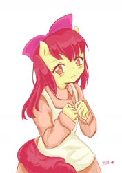 Size: 1240x1754 | Tagged: safe, artist:mohrm_mlp2, imported from derpibooru, apple bloom, anthro, earth pony, apron, bow, clothes, dress, female, filly, hair bow, looking at you, no pupils, simple background, solo, white background