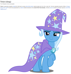 Size: 1136x1188 | Tagged: safe, artist:dashiesparkle, artist:dashiesparkle edit, edit, imported from derpibooru, trixie, pony, unicorn, to where and back again, absurd resolution, cape, clothes, example, female, hat, raised hoof, simple background, solo, text, transparent background, trixie's cape, trixie's hat, vector, wikipedia