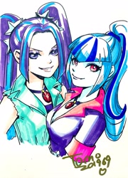 Size: 1472x2048 | Tagged: safe, artist:babtyu, imported from derpibooru, aria blaze, sonata dusk, equestria girls, disguise, disguised siren, female, jewelry, looking at you, necklace, solo, traditional art