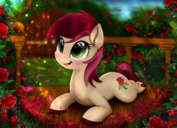 Size: 6300x4550 | Tagged: safe, artist:darksly, imported from derpibooru, roseluck, earth pony, pony, blushing, cute, cuteluck, detailed, female, flower, frog (hoof), happy, hoofbutt, horseshoes, mare, prone, rosabetes, rose, shiny hoof, solo, underhoof