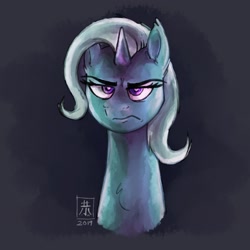 Size: 2742x2742 | Tagged: safe, artist:wildetrashbag, imported from derpibooru, trixie, pony, unicorn, student counsel, abstract background, bust, chest fluff, female, frown, mare, solo