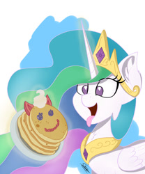 Size: 800x960 | Tagged: safe, artist:sadtrooper, imported from derpibooru, princess celestia, alicorn, pony, cake, cakelestia, cute, cutelestia, eyes on the prize, female, food, glowing horn, heart eyes, horn, magic, no pupils, pancakes, signature, solo, telekinesis, tongue out, wingding eyes