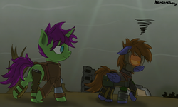 Size: 2500x1500 | Tagged: safe, artist:memeancholy, imported from derpibooru, oc, oc only, oc:dauntless, oc:six-shooter, pegasus, pony, unicorn, fallout equestria, armor, clothes, dashite, enclave, female, gun, mare, pipbuck, wasteland, weapon