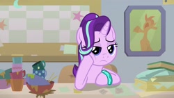 Size: 1920x1080 | Tagged: safe, imported from derpibooru, screencap, starlight glimmer, pony, student counsel, bracelet, female, jewelry, mare, solo, starlight's office, unamused