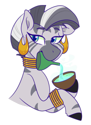 Size: 500x686 | Tagged: safe, artist:cubbybatdoodles, imported from derpibooru, zecora, pony, zebra, bracelet, ear piercing, earring, female, jewelry, mouth hold, neck rings, piercing, potion, quadrupedal, simple background, solo, transparent background