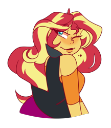 Size: 500x575 | Tagged: safe, artist:cubbybatdoodles, imported from derpibooru, sunset shimmer, human, equestria girls, blushing, female, looking back, one eye closed, simple background, smiling, solo, transparent background