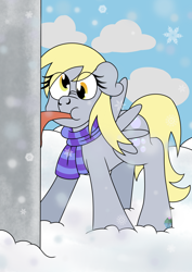 Size: 2480x3508 | Tagged: safe, artist:eillahwolf, imported from derpibooru, derpy hooves, pegasus, pony, a christmas story, clothes, eye clipping through hair, female, mare, scarf, snow, solo, tongue stuck to pole, winter