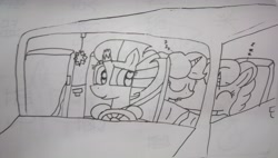 Size: 4478x2540 | Tagged: safe, artist:徐詩珮, imported from derpibooru, fizzlepop berrytwist, glitter drops, spring rain, tempest shadow, unicorn, my little pony: the movie, broken horn, female, glittershadow, horn, lesbian, lineart, mare, onomatopoeia, polyamory, shipping, sleeping, sound effects, springdrops, springshadow, springshadowdrops, traditional art, zzz