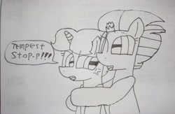Size: 4450x2900 | Tagged: safe, artist:徐詩珮, imported from derpibooru, fizzlepop berrytwist, spring rain, tempest shadow, unicorn, my little pony: the movie, angry, broken horn, dialogue, female, horn, hug, lesbian, lineart, mare, shipping, spring rain is not amused, springshadow, traditional art, unamused