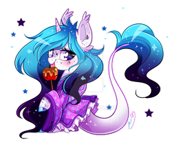 Size: 800x702 | Tagged: safe, artist:ipun, imported from derpibooru, oc, oc only, oc:sydney, unicorn, apple, candy apple (food), clothes, colored hooves, deviantart watermark, dress, ethereal mane, female, food, mare, obtrusive watermark, simple background, solo, starry mane, transparent background, watermark