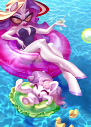Size: 2067x2894 | Tagged: safe, artist:holivi, imported from derpibooru, rarity, sweetie belle, anthro, unguligrade anthro, unicorn, armpits, big breasts, breasts, busty rarity, clothes, cute, diasweetes, duo, female, filly, hat, inflatable, inner tube, legs, mare, one-piece swimsuit, siblings, sisters, sunglasses, swimming pool, swimsuit, water