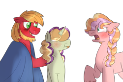 Size: 1999x1330 | Tagged: safe, artist:kindheart525, artist:romania-lanslide, imported from derpibooru, big macintosh, oc, oc:honeycrisp, oc:somerset sour cider, earth pony, pony, unicorn, kindverse, father and child, father and daughter, female, male, offspring, parent:big macintosh, parent:cheerilee, parent:sugar belle, parents:cheerimac, parents:sugarmac, runny nose, sick, tongue out