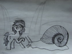 Size: 3072x2304 | Tagged: safe, artist:twilight_light, imported from derpibooru, oc, oc only, earth pony, pony, snail, black and white, female, graph paper, grass, grayscale, mare, micro, monochrome, photo, scared, sketch, traditional art