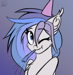 Size: 2932x3014 | Tagged: safe, artist:airfly-pony, imported from derpibooru, oc, oc only, pony, cheek fluff, chest fluff, ear fluff, female, hat, mare, noisemaker, one eye closed, party hat, rcf community, solo, wink