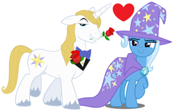 Size: 1668x1060 | Tagged: safe, artist:dashiesparkle, artist:dashiesparkle edit, artist:peachspices, edit, imported from derpibooru, prince blueblood, trixie, pony, bluetrix, female, male, shipping, straight