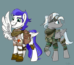 Size: 1280x1120 | Tagged: safe, artist:rutkotka, imported from derpibooru, oc, oc:knightingale, oc:silent kosmos, pegasus, pony, unicorn, clothes, combat medic, duo, female, gray background, grin, hooves, looking back, male, mare, medic, military uniform, raised hoof, saddle bag, salute, simple background, smiling, stallion, uniform, wing salute, wings