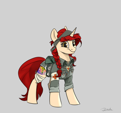 Size: 1500x1400 | Tagged: safe, artist:rutkotka, imported from derpibooru, oc, oc only, pony, unicorn, bandage, braid, clothes, combat medic, female, gray background, hooves, horn, mare, medic, simple background, smiling, solo, uniform, ych result