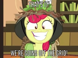 Size: 852x640 | Tagged: safe, edit, edited screencap, imported from derpibooru, screencap, apple bloom, going to seed, caption, cropped, face, helmet, image macro, little caesars, meme, smiling, text