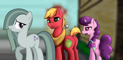 Size: 2000x976 | Tagged: safe, artist:10art1, artist:greenmachine987, edit, imported from derpibooru, big macintosh, marble pie, sugar belle, earth pony, pony, unicorn, butt, distracted boyfriend meme, female, implied sugarmac, male, marblemac, plot, shipping, straight