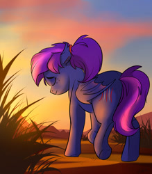 Size: 900x1026 | Tagged: safe, artist:rutkotka, imported from derpibooru, oc, oc only, oc:evening's dawn, bat pony, pony, bat pony oc, dusk, eyes closed, grass, sad, solo